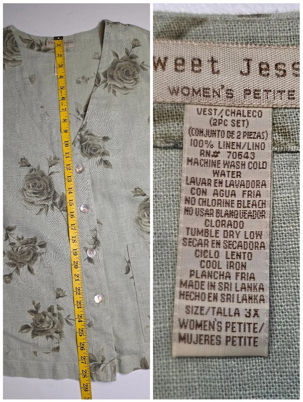 Vintage Linen Sleeveless Sage Green Floral Button-Front Vest Sleeveless Top